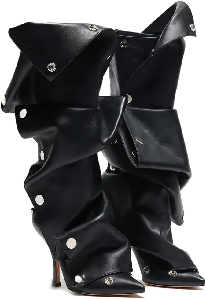 VOMIRA Women's Knee High Boots Stiletto Boots Pointed Toe High Heels Wide Calf Ruched Slouchy Boots Detachable Snap-off Panel Mid Calf Boots Black Boots
