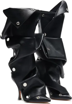 VOMIRA Women's Knee High Boots Stiletto Boots Pointed Toe High Heels Wide Calf Ruched Slouchy Boots Detachable Snap-off Panel Mid Calf Boots Black Boots
