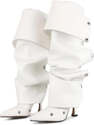 VOMIRA Women's Knee High Boots Stiletto Boots Pointed Toe High Heels Wide Calf Ruched Slouchy Boots Detachable Snap-off Panel Mid Calf Boots Black Boots