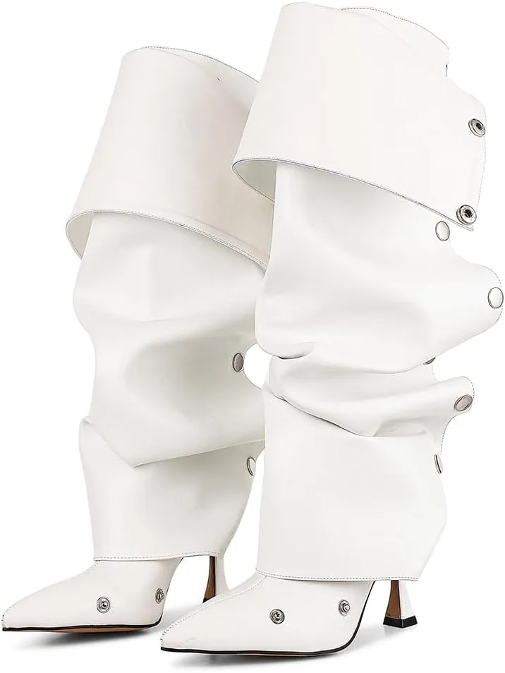 VOMIRA Women's Knee High Boots Stiletto Boots Pointed Toe High Heels Wide Calf Ruched Slouchy Boots Detachable Snap-off Panel Mid Calf Boots Black Boots