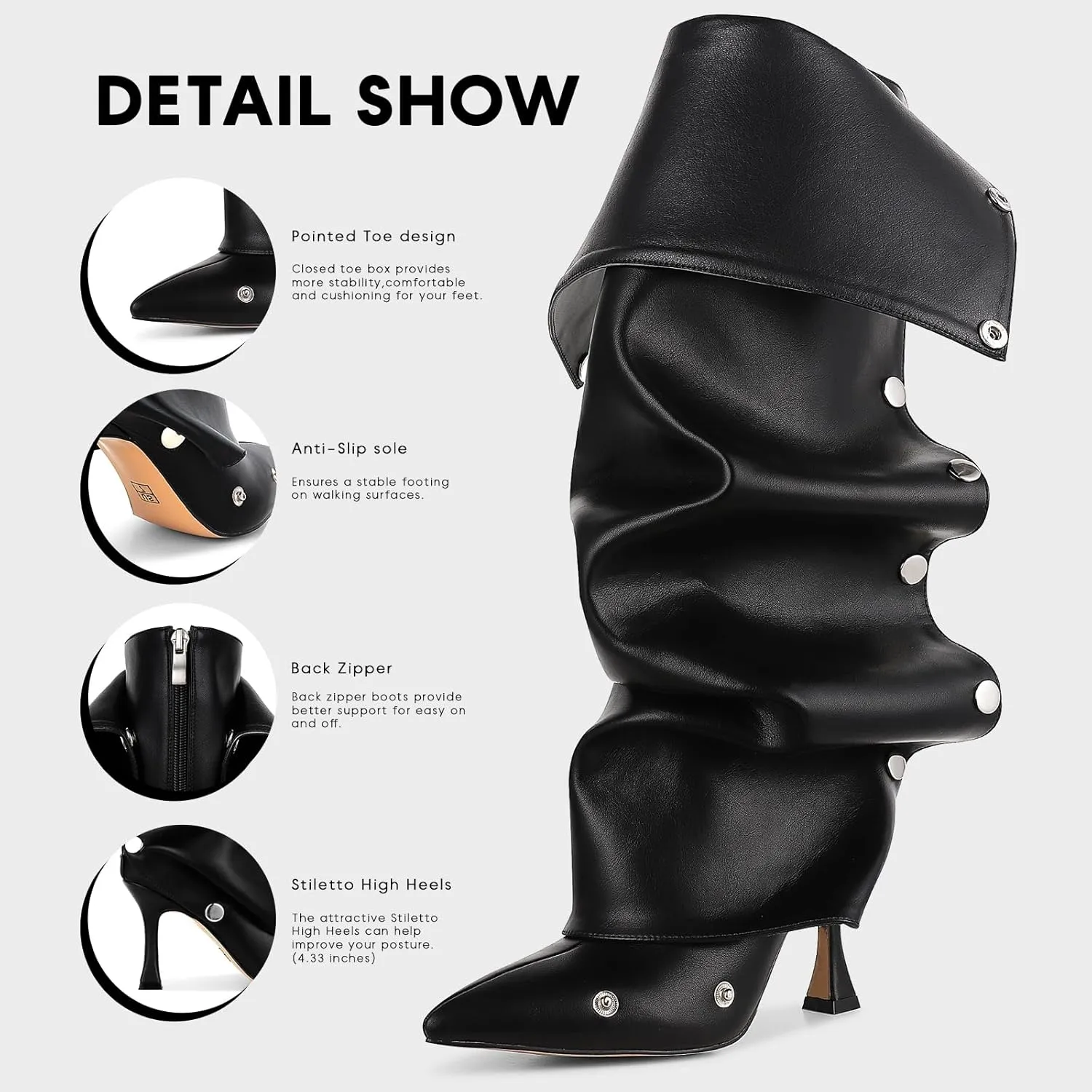 VOMIRA Women's Knee High Boots Stiletto Boots Pointed Toe High Heels Wide Calf Ruched Slouchy Boots Detachable Snap-off Panel Mid Calf Boots Black Boots