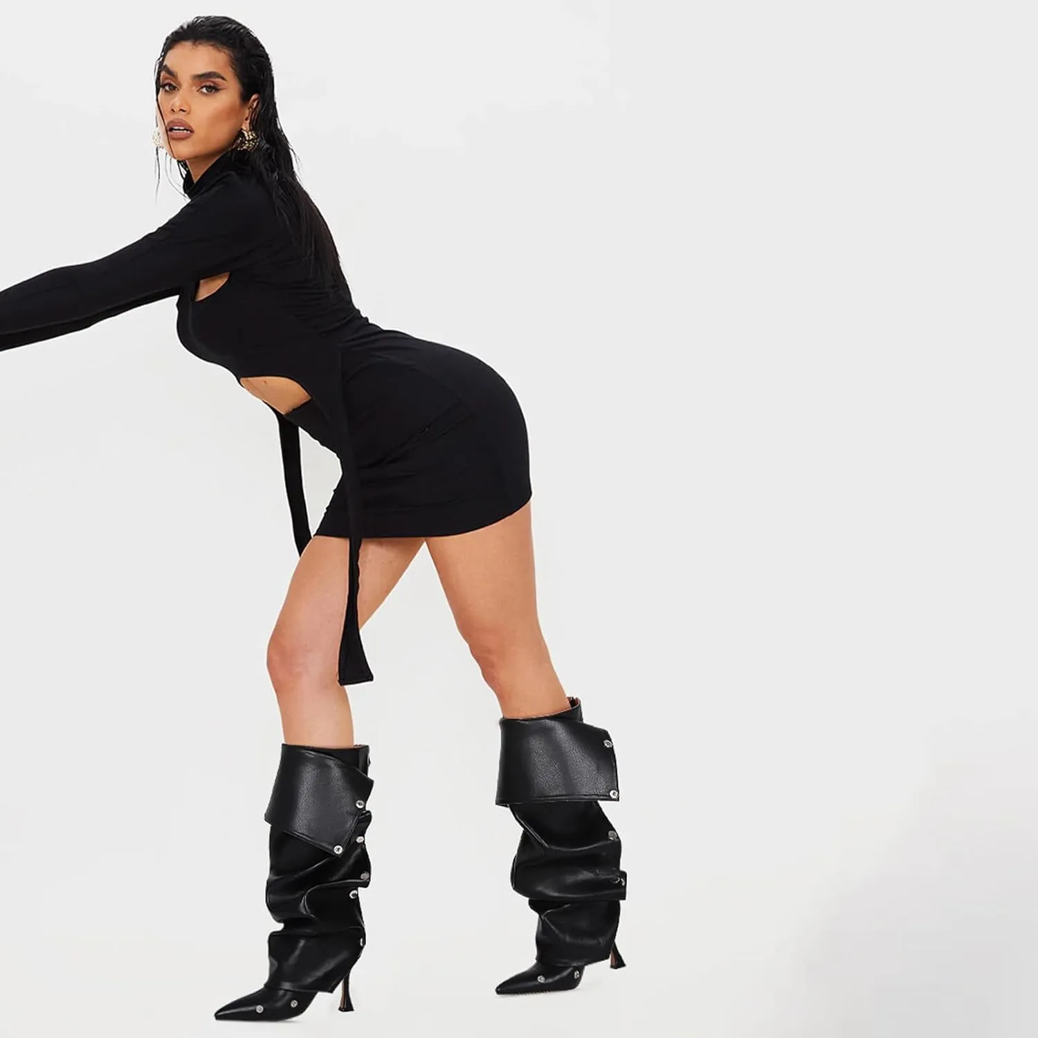 VOMIRA Women's Knee High Boots Stiletto Boots Pointed Toe High Heels Wide Calf Ruched Slouchy Boots Detachable Snap-off Panel Mid Calf Boots Black Boots
