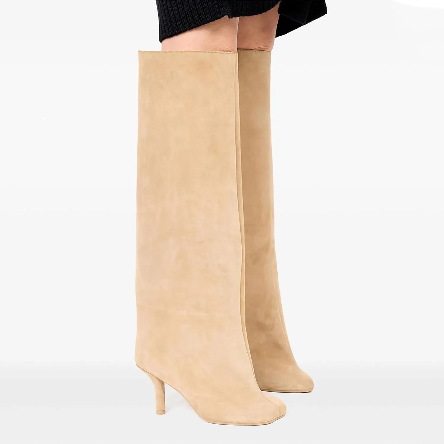 VOMIRA Women's Knee High Nude Suede Wide Calf Square Toe Stiletto Fall Winter Pull On High Heel Long Ladies Fashion Dress Tall Slouchy Boots