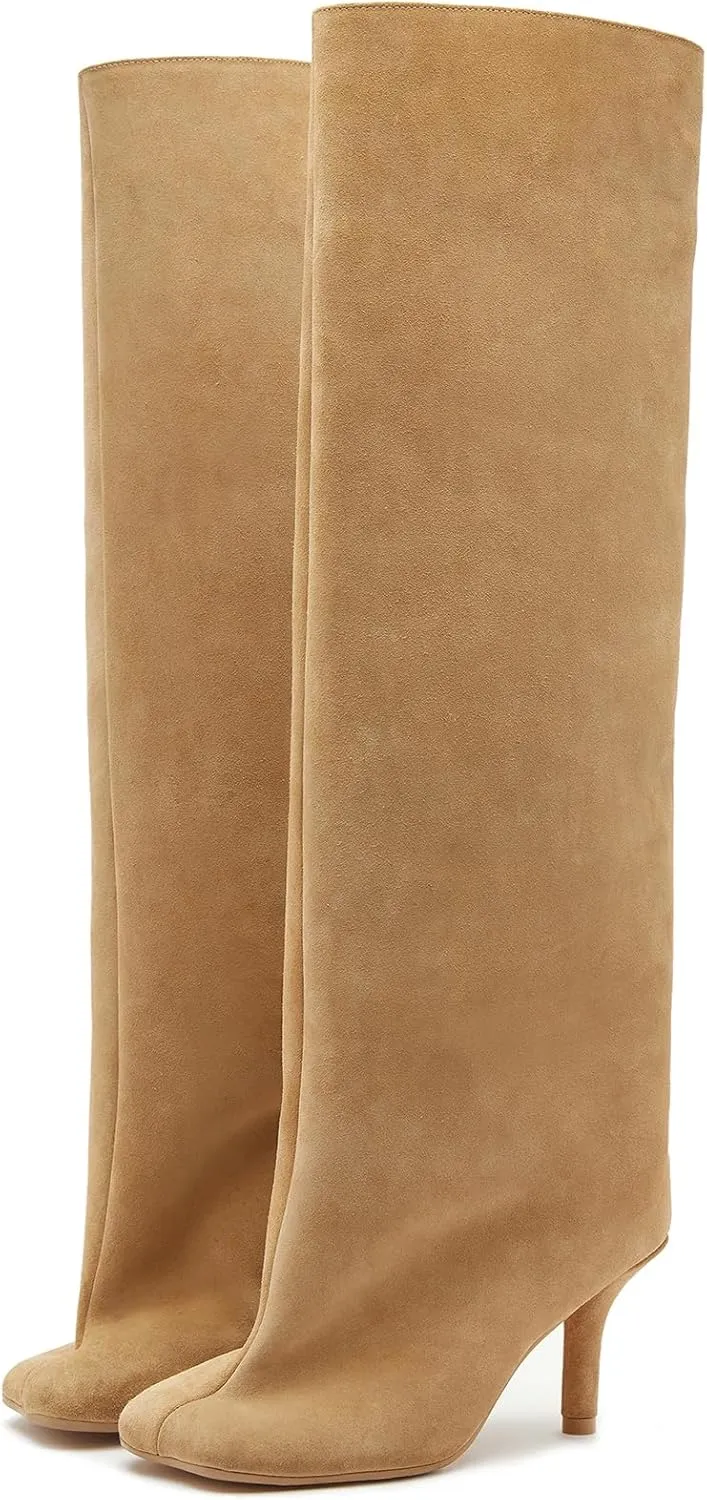 VOMIRA Women's Knee High Nude Suede Wide Calf Square Toe Stiletto Fall Winter Pull On High Heel Long Ladies Fashion Dress Tall Slouchy Boots