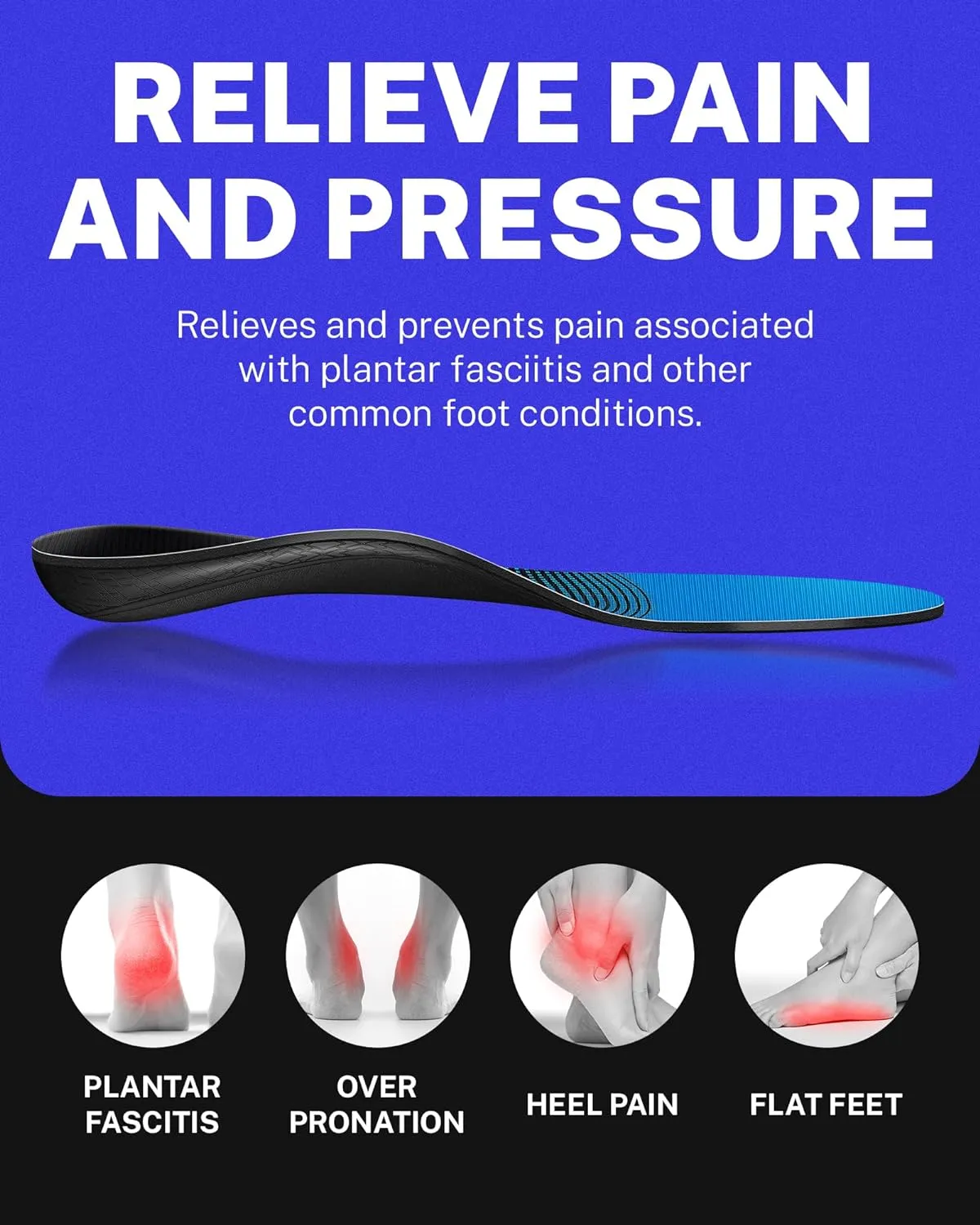 Walkhero Plantar Fasciitis Pain Relief Insoles High Arch Support Orthotic Shoes Inserts, Relieve Flat Feet and Foot Fatigue (Mens 5-5 1/2 | Womens 7-7 1/2, Blue)