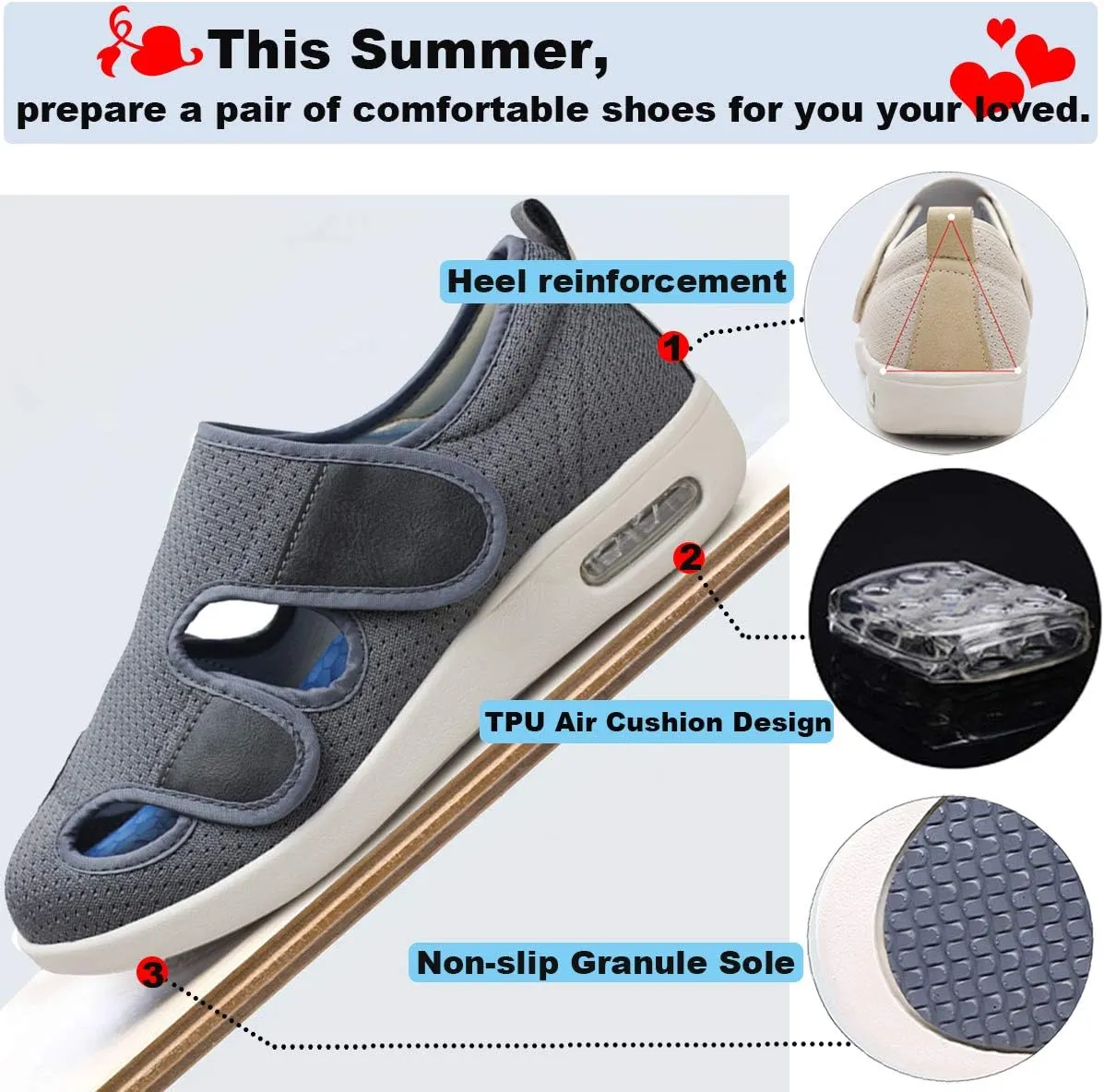 W&LESVAGO Men's Wide Width Diabetic Shoes, Air Cushion Lightweight Comfy Sandals Walking Shoes for Elderly Swollen Bandaged Feet Indoor/Outdoor