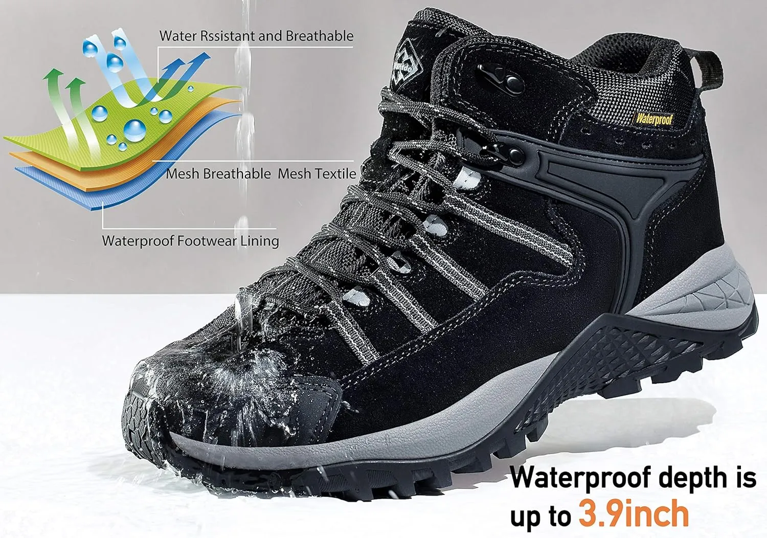 wantdo Men's Winter Waterproof Ankle-High Hiking Boots Lightweight Non-Slip Outdoor Shoes