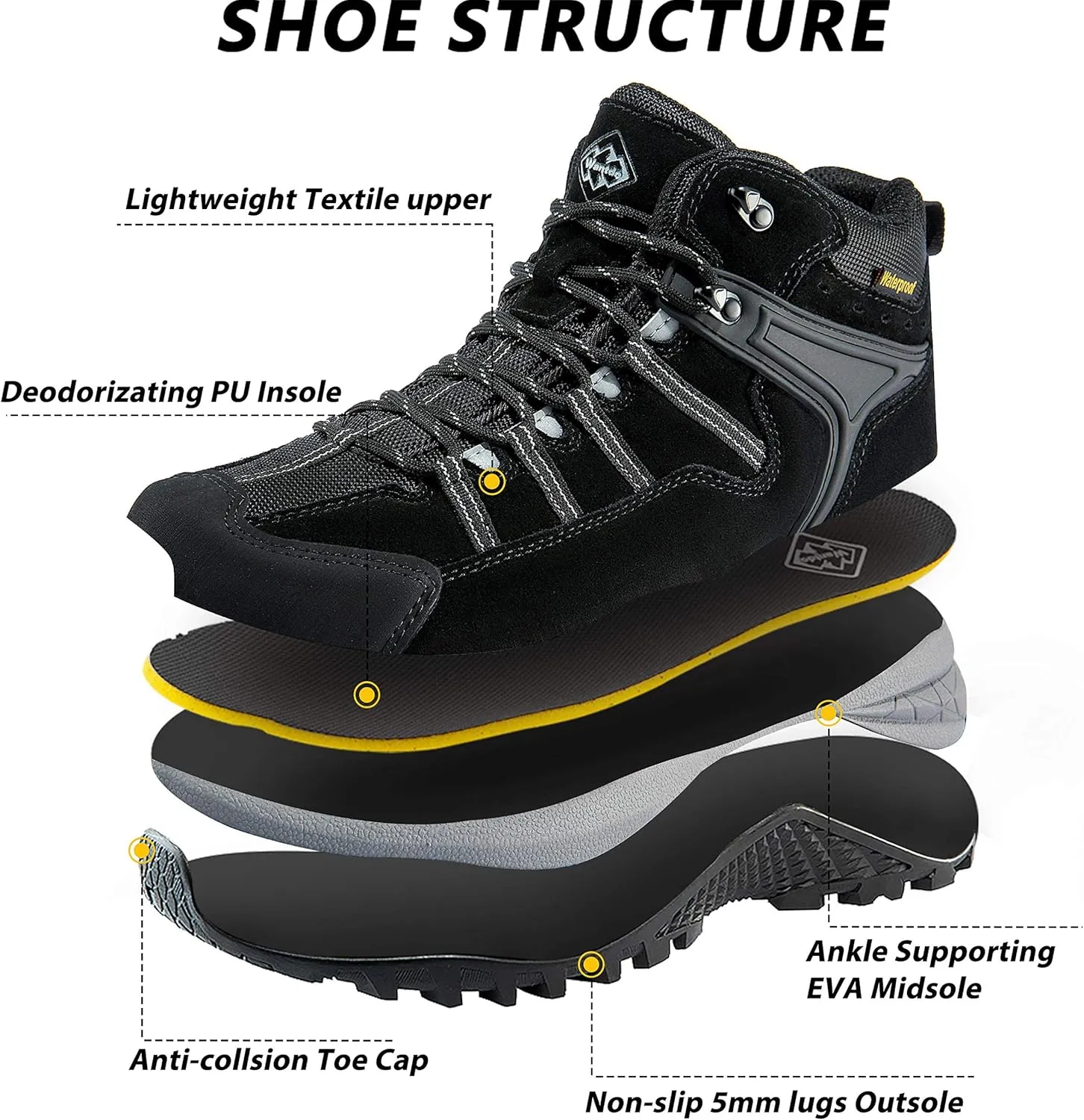 wantdo Men's Winter Waterproof Ankle-High Hiking Boots Lightweight Non-Slip Outdoor Shoes