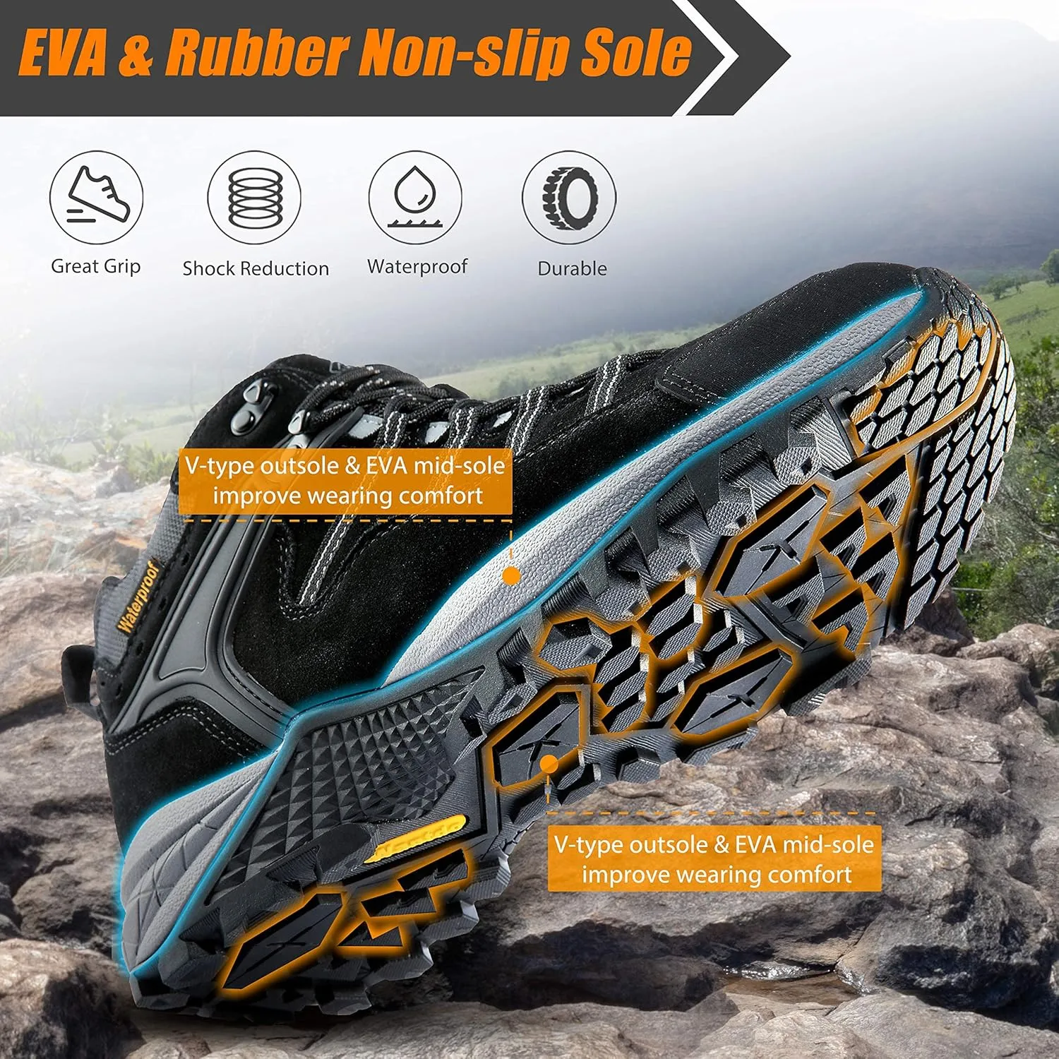 wantdo Men's Winter Waterproof Ankle-High Hiking Boots Lightweight Non-Slip Outdoor Shoes
