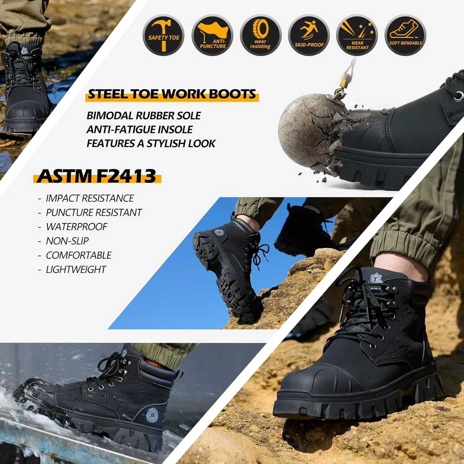 Waterproof Steel Toe Boots For Men 6 Inch Leather Steel Toe Shoes Non Slip Resistant Safety Work Boots Indestructible Lightweight Construction Boot With Composite Toe