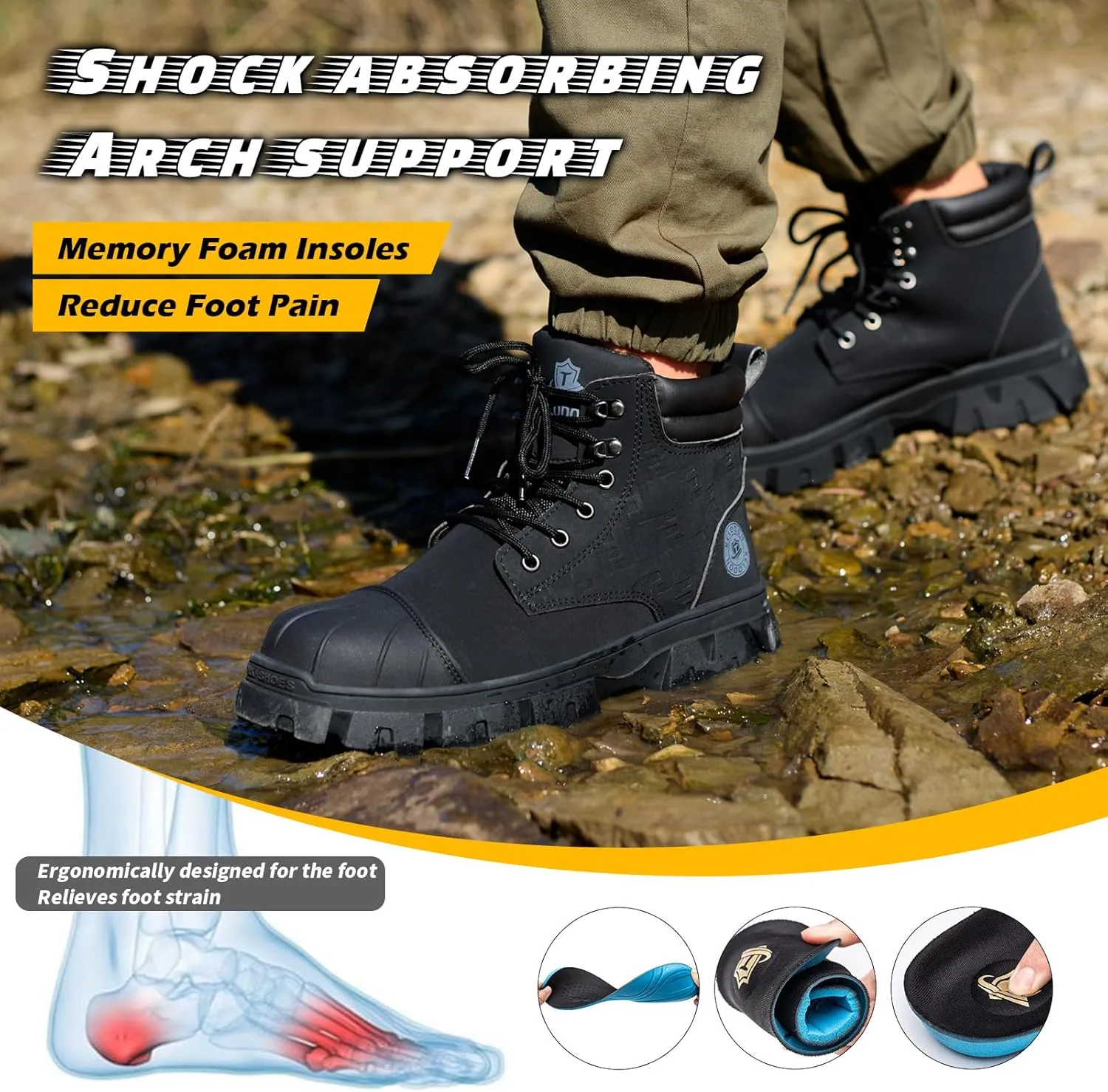 Waterproof Steel Toe Boots For Men 6 Inch Leather Steel Toe Shoes Non Slip Resistant Safety Work Boots Indestructible Lightweight Construction Boot With Composite Toe