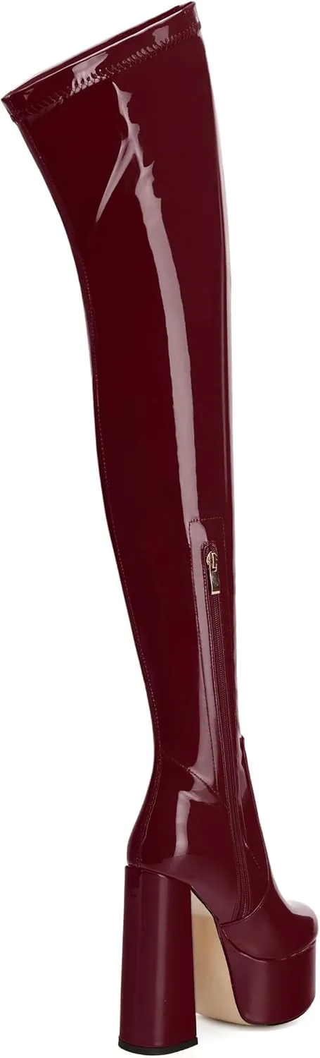 WAYDERNS Over the Knee Boots for Women Patent Leather Platform Block High Heel Round Toe 5.9 Inch Side Zipper Long Boots Sexy Dating Party Evening Thigh High Boots