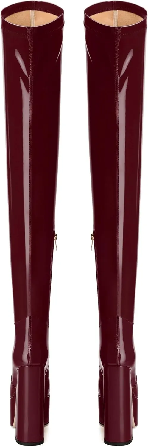 WAYDERNS Over the Knee Boots for Women Patent Leather Platform Block High Heel Round Toe 5.9 Inch Side Zipper Long Boots Sexy Dating Party Evening Thigh High Boots