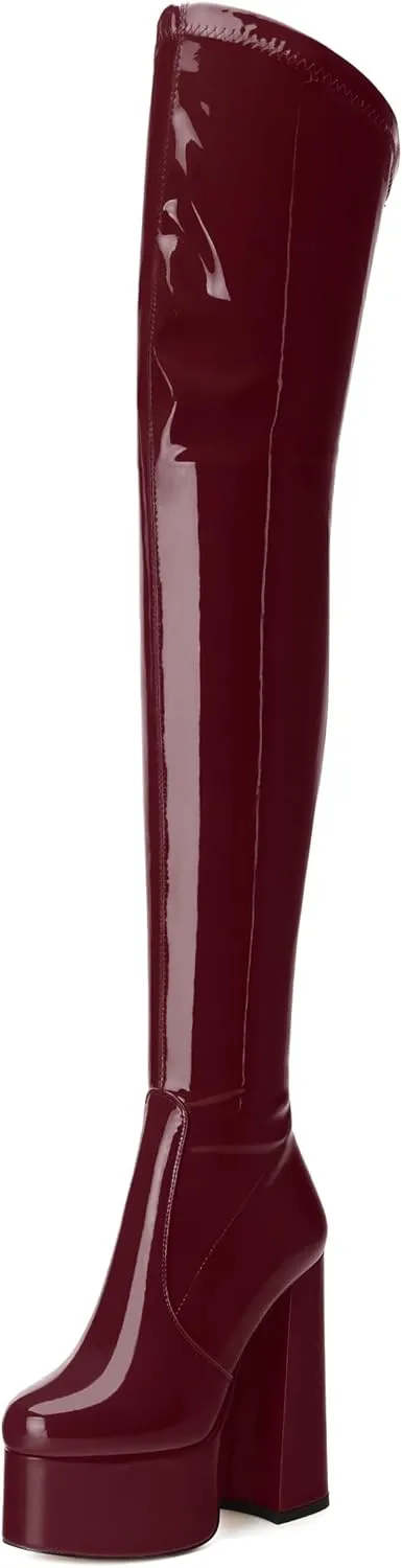 WAYDERNS Over the Knee Boots for Women Patent Leather Platform Block High Heel Round Toe 5.9 Inch Side Zipper Long Boots Sexy Dating Party Evening Thigh High Boots