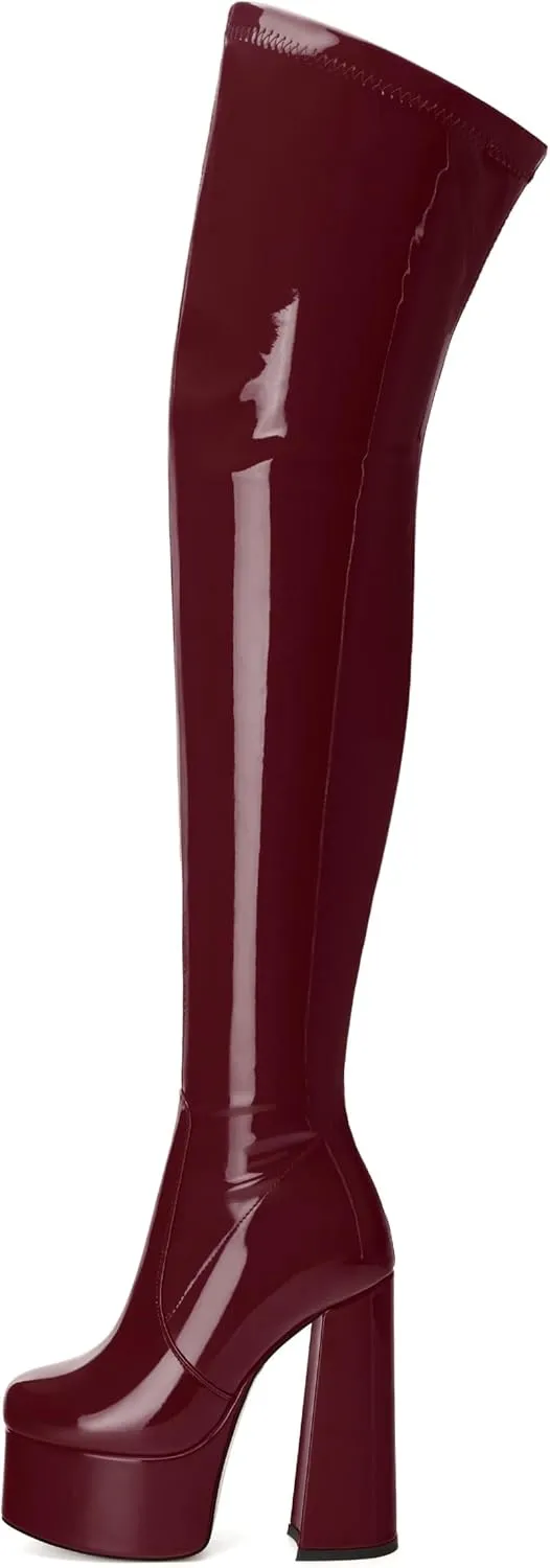 WAYDERNS Over the Knee Boots for Women Patent Leather Platform Block High Heel Round Toe 5.9 Inch Side Zipper Long Boots Sexy Dating Party Evening Thigh High Boots