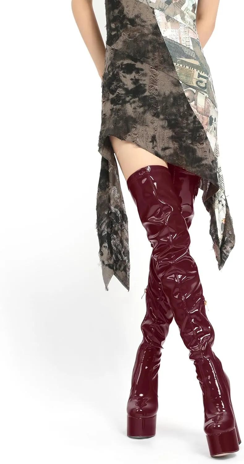 WAYDERNS Over the Knee Boots for Women Patent Leather Platform Block High Heel Round Toe 5.9 Inch Side Zipper Long Boots Sexy Dating Party Evening Thigh High Boots