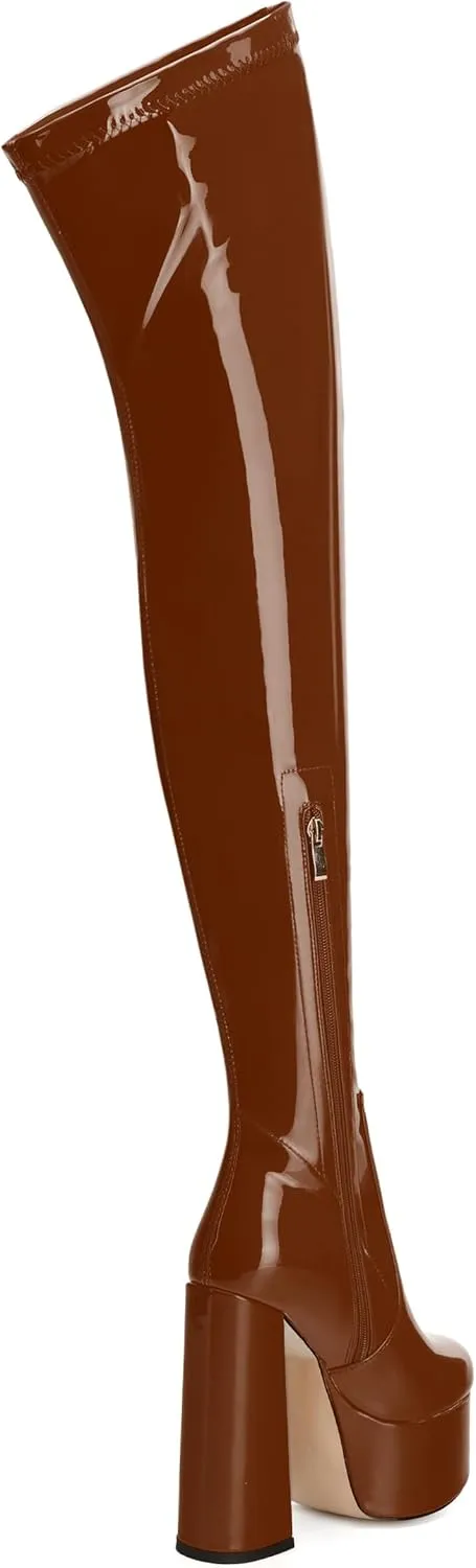 WAYDERNS Over the Knee Boots for Women Patent Leather Platform Block High Heel Round Toe 5.9 Inch Side Zipper Long Boots Sexy Dating Party Evening Thigh High Boots