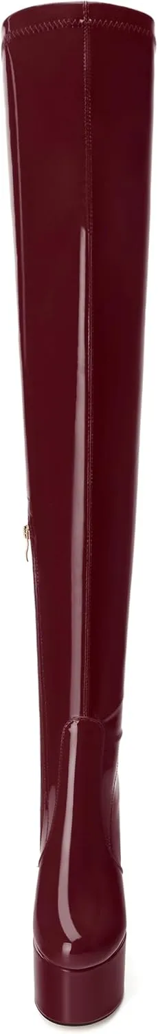 WAYDERNS Over the Knee Boots for Women Patent Leather Platform Block High Heel Round Toe 5.9 Inch Side Zipper Long Boots Sexy Dating Party Evening Thigh High Boots