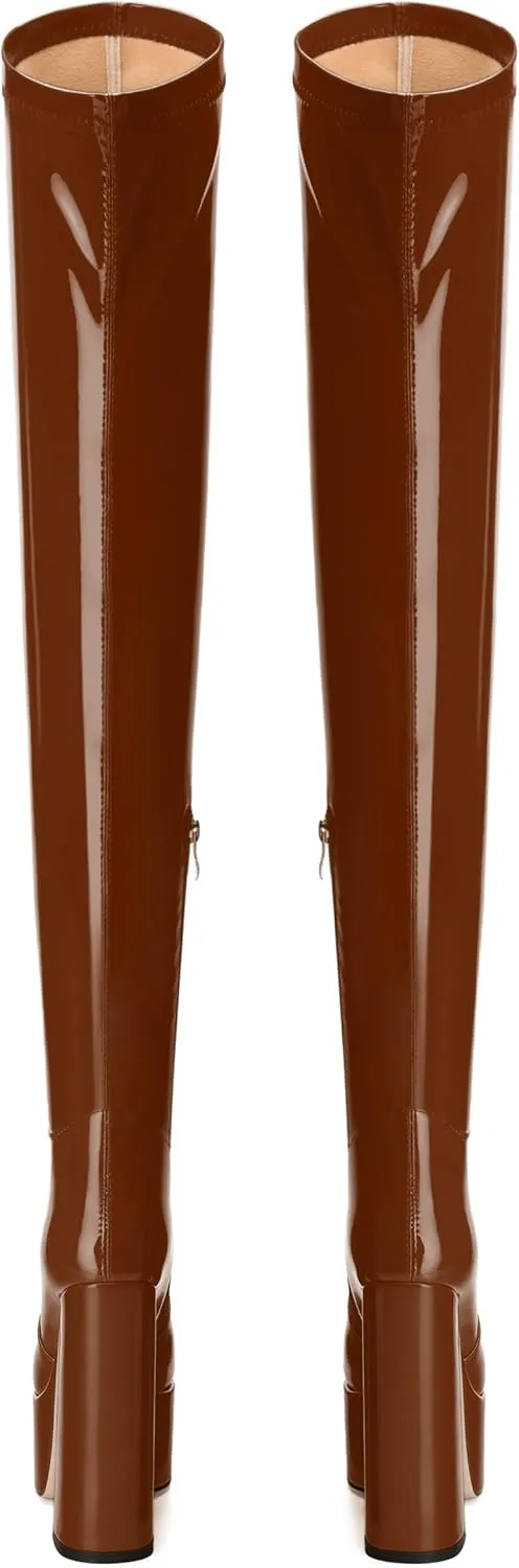 WAYDERNS Over the Knee Boots for Women Patent Leather Platform Block High Heel Round Toe 5.9 Inch Side Zipper Long Boots Sexy Dating Party Evening Thigh High Boots