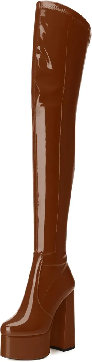 WAYDERNS Over the Knee Boots for Women Patent Leather Platform Block High Heel Round Toe 5.9 Inch Side Zipper Long Boots Sexy Dating Party Evening Thigh High Boots