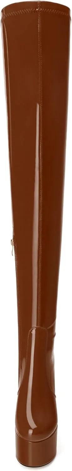 WAYDERNS Over the Knee Boots for Women Patent Leather Platform Block High Heel Round Toe 5.9 Inch Side Zipper Long Boots Sexy Dating Party Evening Thigh High Boots