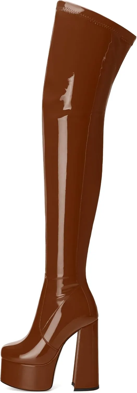 WAYDERNS Over the Knee Boots for Women Patent Leather Platform Block High Heel Round Toe 5.9 Inch Side Zipper Long Boots Sexy Dating Party Evening Thigh High Boots