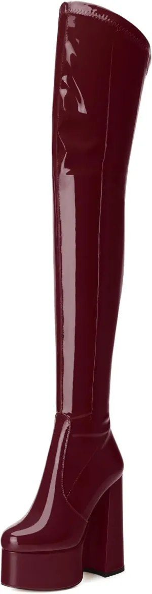 WAYDERNS Over the Knee Boots for Women Patent Leather Platform Block High Heel Round Toe 5.9 Inch Side Zipper Long Boots Sexy Dating Party Evening Thigh High Boots