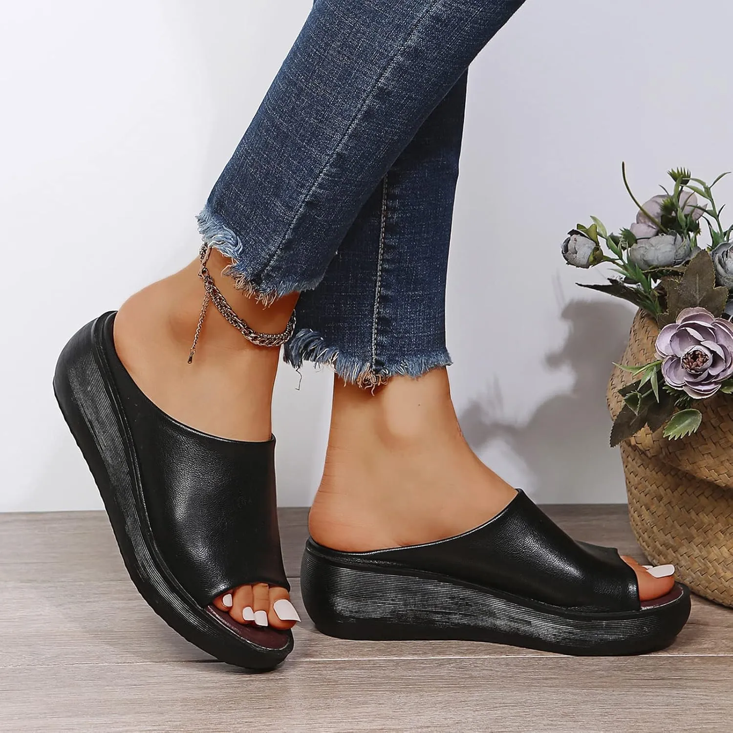 Wedge Platform Sandals for Women Premium PU Summer Open Toe Slip on Slide Slippers Comfortable Sandals Arch Support Non-Slip Outdoor Beach Shoe,Black,US10/EU41