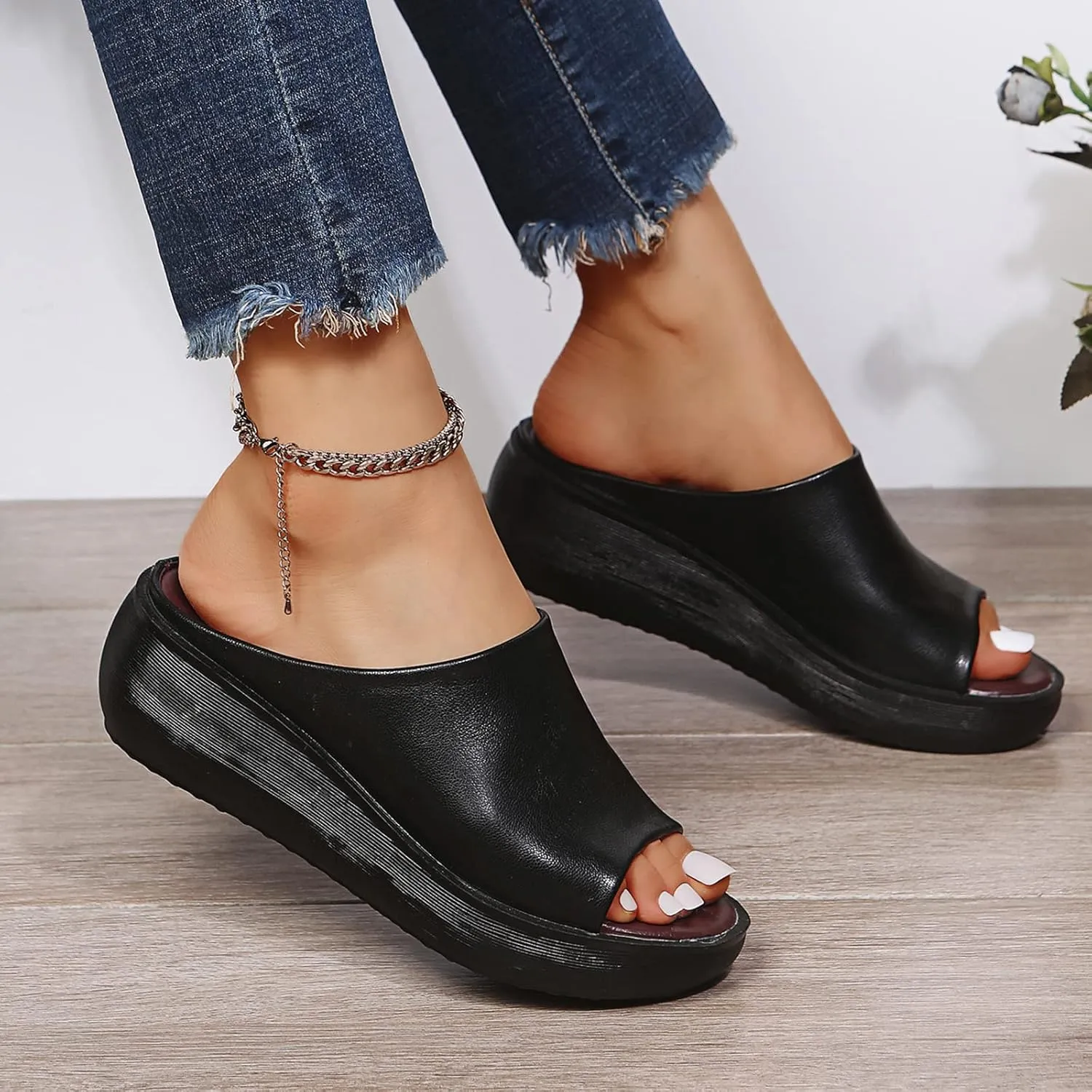 Wedge Platform Sandals for Women Premium PU Summer Open Toe Slip on Slide Slippers Comfortable Sandals Arch Support Non-Slip Outdoor Beach Shoe,Black,US10/EU41