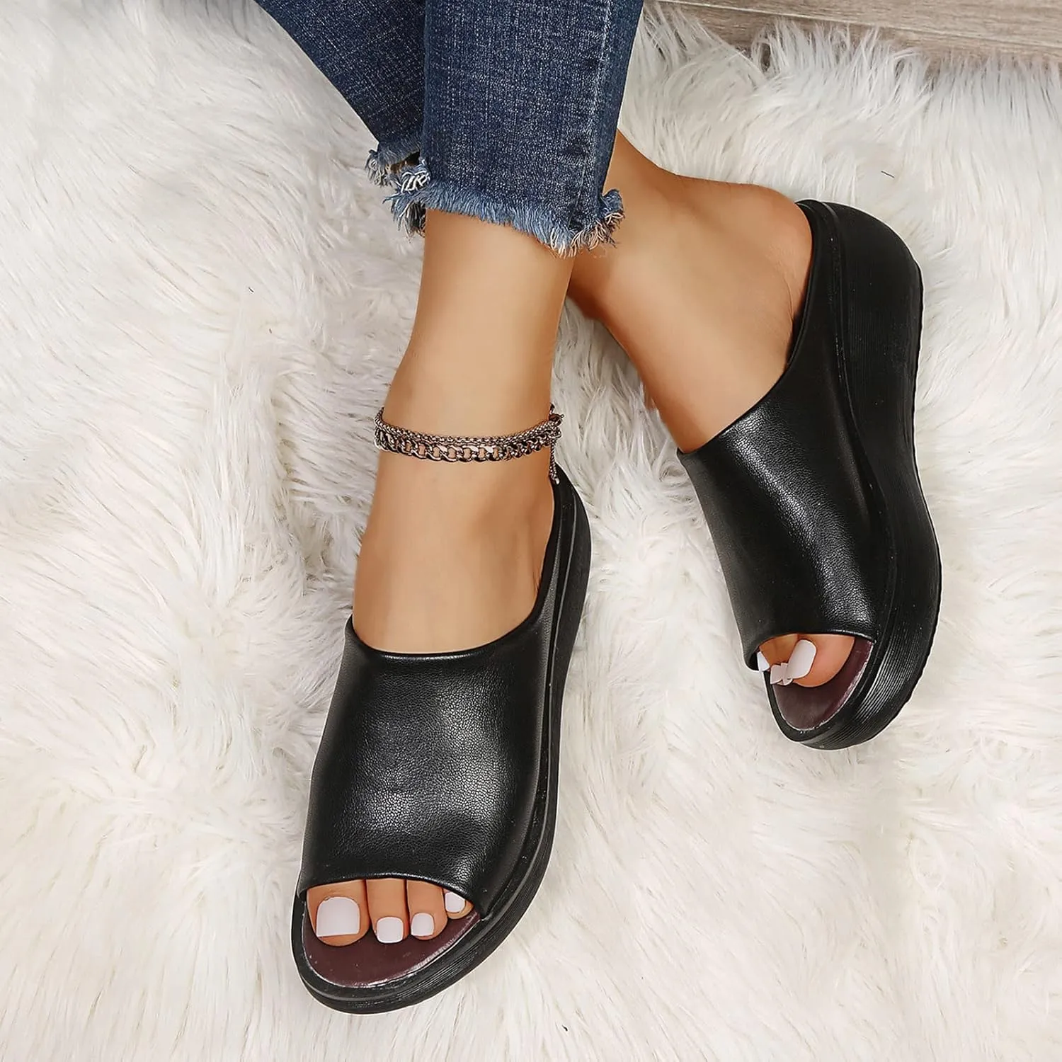 Wedge Platform Sandals for Women Premium PU Summer Open Toe Slip on Slide Slippers Comfortable Sandals Arch Support Non-Slip Outdoor Beach Shoe,Black,US10/EU41