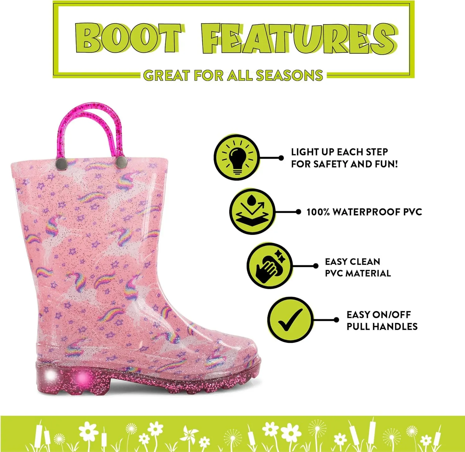 Western Chief Kids Waterproof Light Up Rain Boots With Handles for Easy On and Off for Boys and Girls