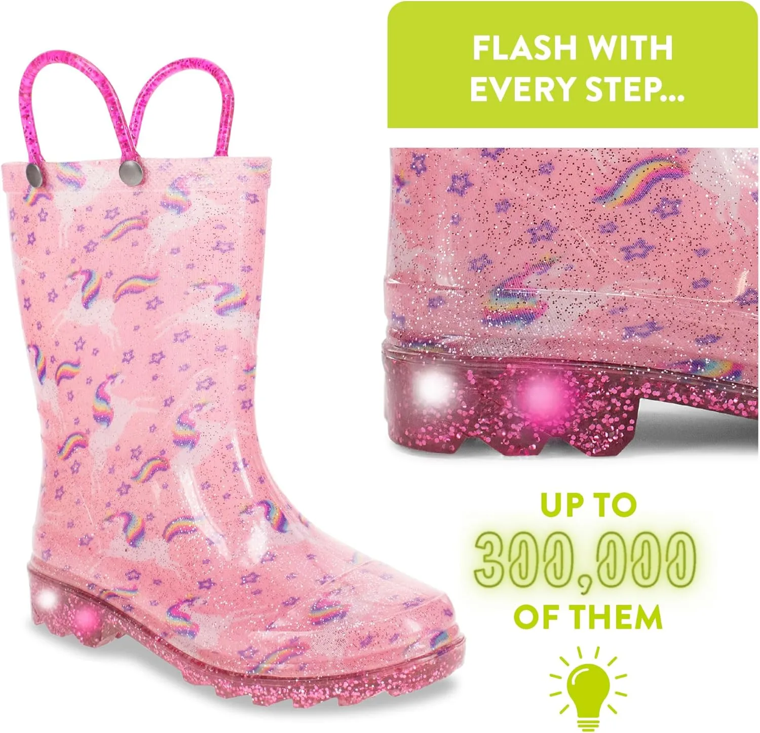 Western Chief Kids Waterproof Light Up Rain Boots With Handles for Easy On and Off for Boys and Girls