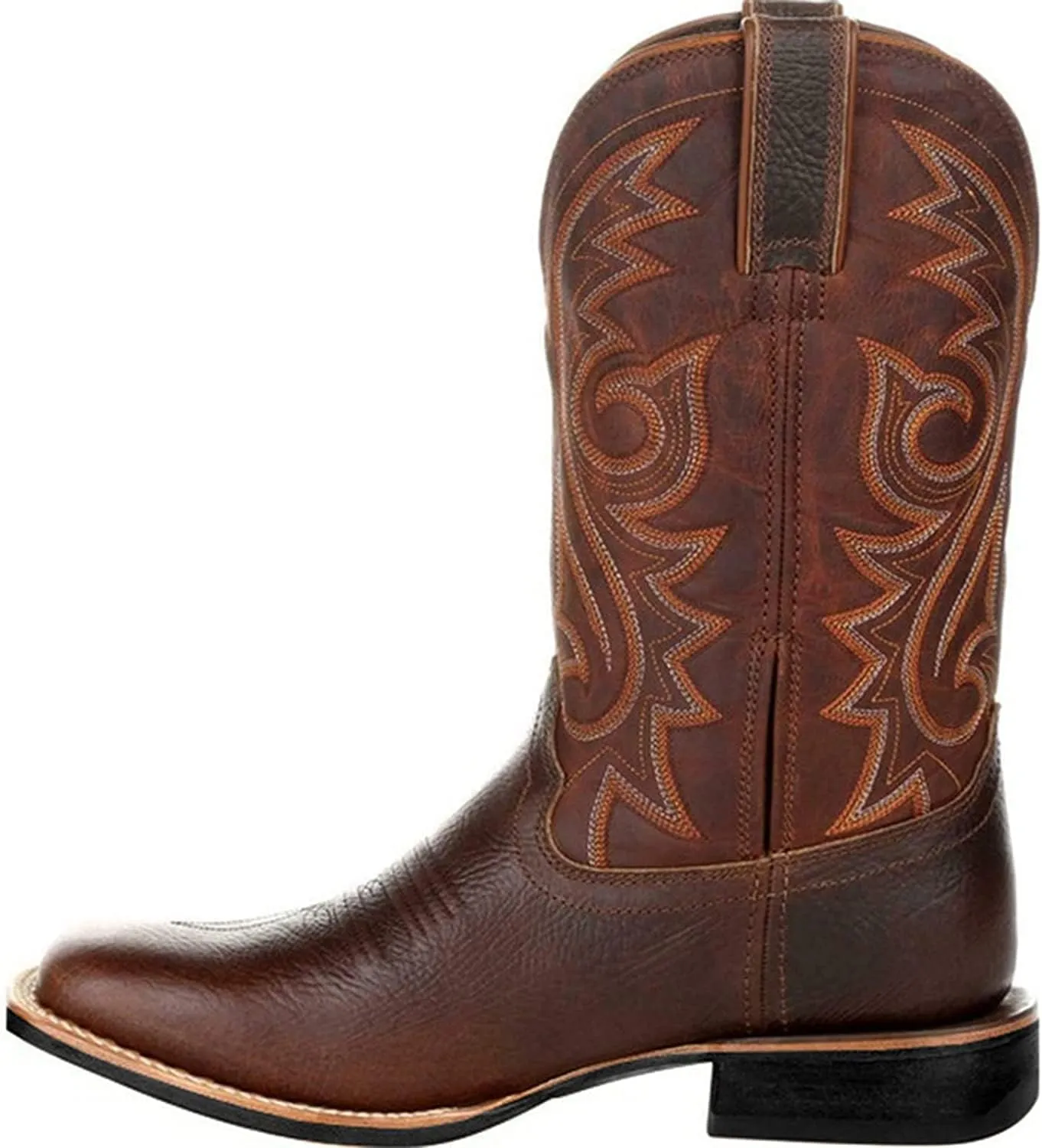 Western Cowboy Boots for Men,Western Square Toe Cowboy Boots Retro Leather Embroidery Casual Chunky Heel Wide Calf Pull On Boots