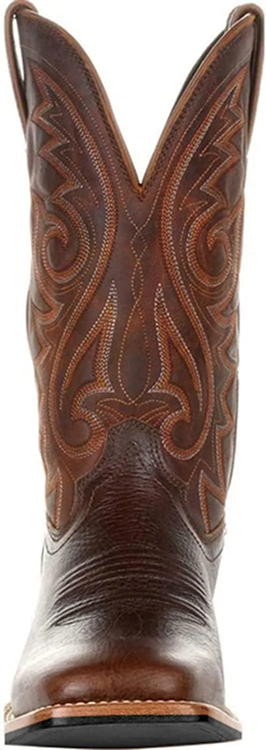 Western Cowboy Boots for Men,Western Square Toe Cowboy Boots Retro Leather Embroidery Casual Chunky Heel Wide Calf Pull On Boots