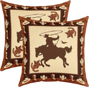 Western Cowboy Pillow Cover,Western Star Horseshoes Decorative Cushion Cover 2 Pack,Cowboy Boots Cactus Couch 20"x 20" Reversible Print Pillow Cover for Sofa Bed