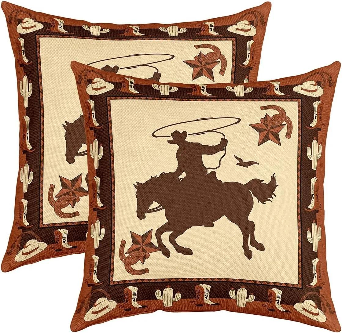 Western Cowboy Pillow Cover,Western Star Horseshoes Decorative Cushion Cover 2 Pack,Cowboy Boots Cactus Couch 20"x 20" Reversible Print Pillow Cover for Sofa Bed