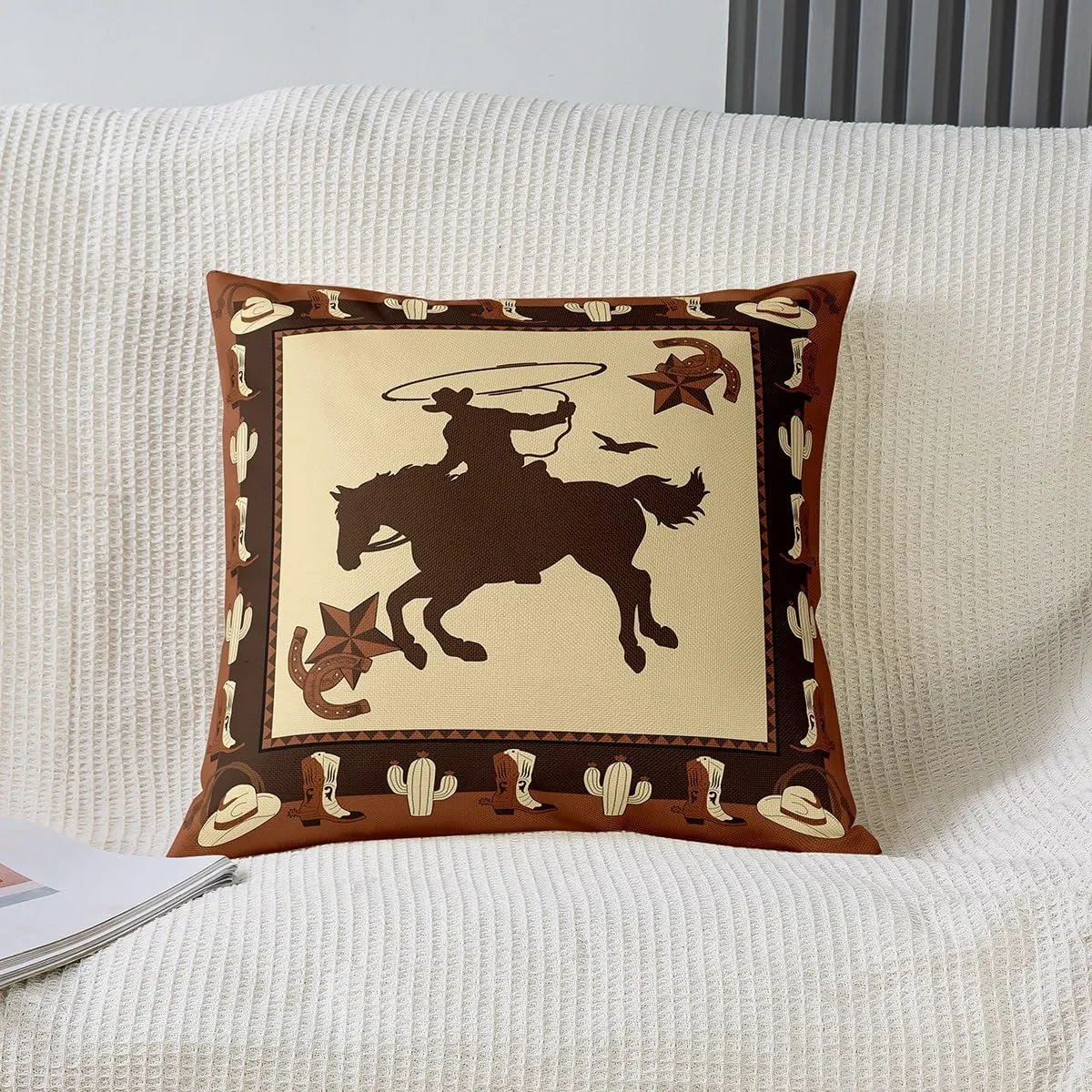 Western Cowboy Reversible Print Pillow Cover,Cowboy Boots Cactus Decorative Cushion Cover for Bed or Sofa,Western Star Horseshoes Couch 20"x 20" Pillow Cover,Single Pack