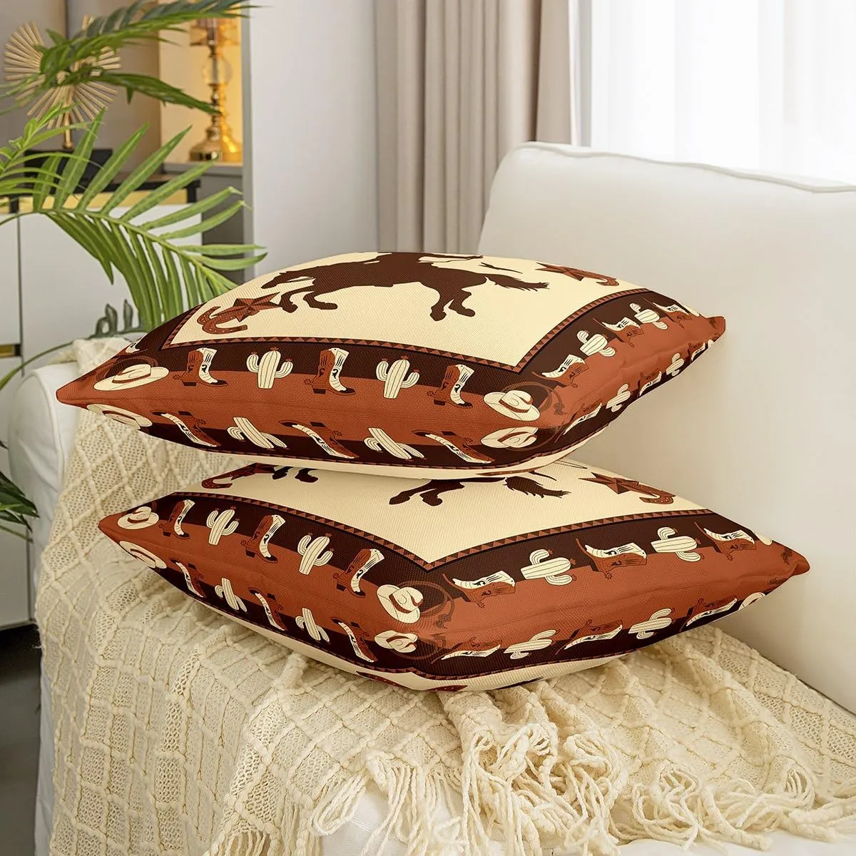 Western Cowboy Reversible Print Pillow Cover,Cowboy Boots Cactus Decorative Cushion Cover for Bed or Sofa,Western Star Horseshoes Couch 20"x 20" Pillow Cover,Single Pack