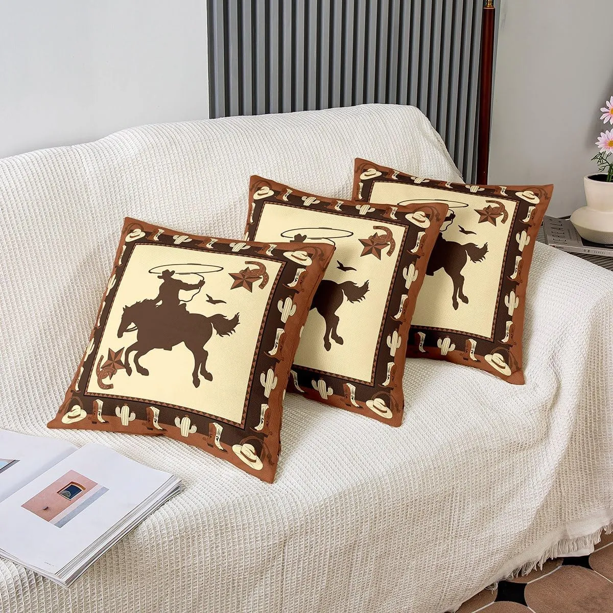 Western Cowboy Reversible Print Pillow Cover,Cowboy Boots Cactus Decorative Cushion Cover for Bed or Sofa,Western Star Horseshoes Couch 20"x 20" Pillow Cover,Single Pack