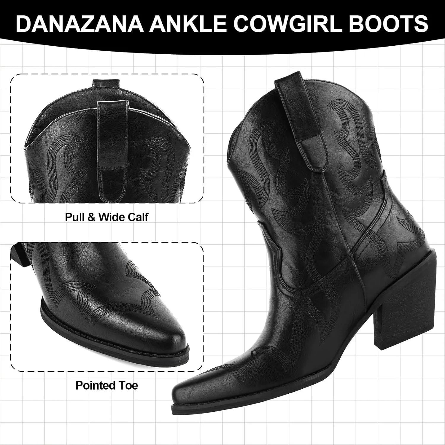 Wide Calf Cowgirl Ankle Boots Women Western Embroidered Ankle Boots Closed Pointed Toe Pull On Cowboy Ankle Booties Lady Retro Country Ankle Boots Size 7-10
