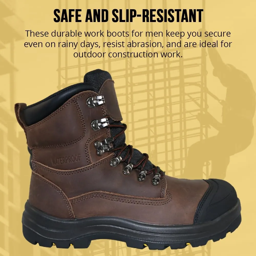 Wolf Work Boot | 100% Waterproof Genuine Upper Leather | Oil, Heat, Chemical, Abrasion Resistant | Electrical Hazards | Non-Slip Rubber Sole | Soft Toe | Padded Collar | Construction | Industrial PPE