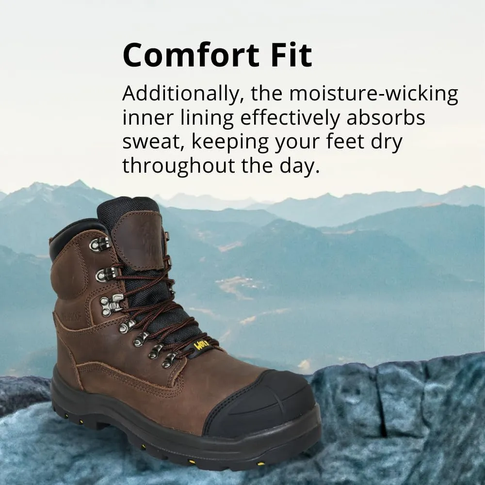 Wolf Work Boot | 100% Waterproof Genuine Upper Leather | Oil, Heat, Chemical, Abrasion Resistant | Electrical Hazards | Non-Slip Rubber Sole | Soft Toe | Padded Collar | Construction | Industrial PPE
