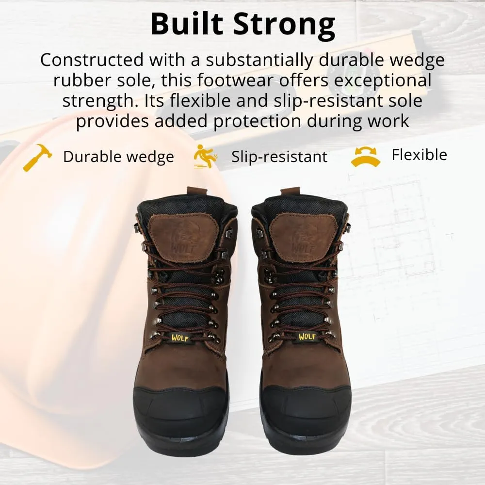 Wolf Work Boot | 100% Waterproof Genuine Upper Leather | Oil, Heat, Chemical, Abrasion Resistant | Electrical Hazards | Non-Slip Rubber Sole | Soft Toe | Padded Collar | Construction | Industrial PPE