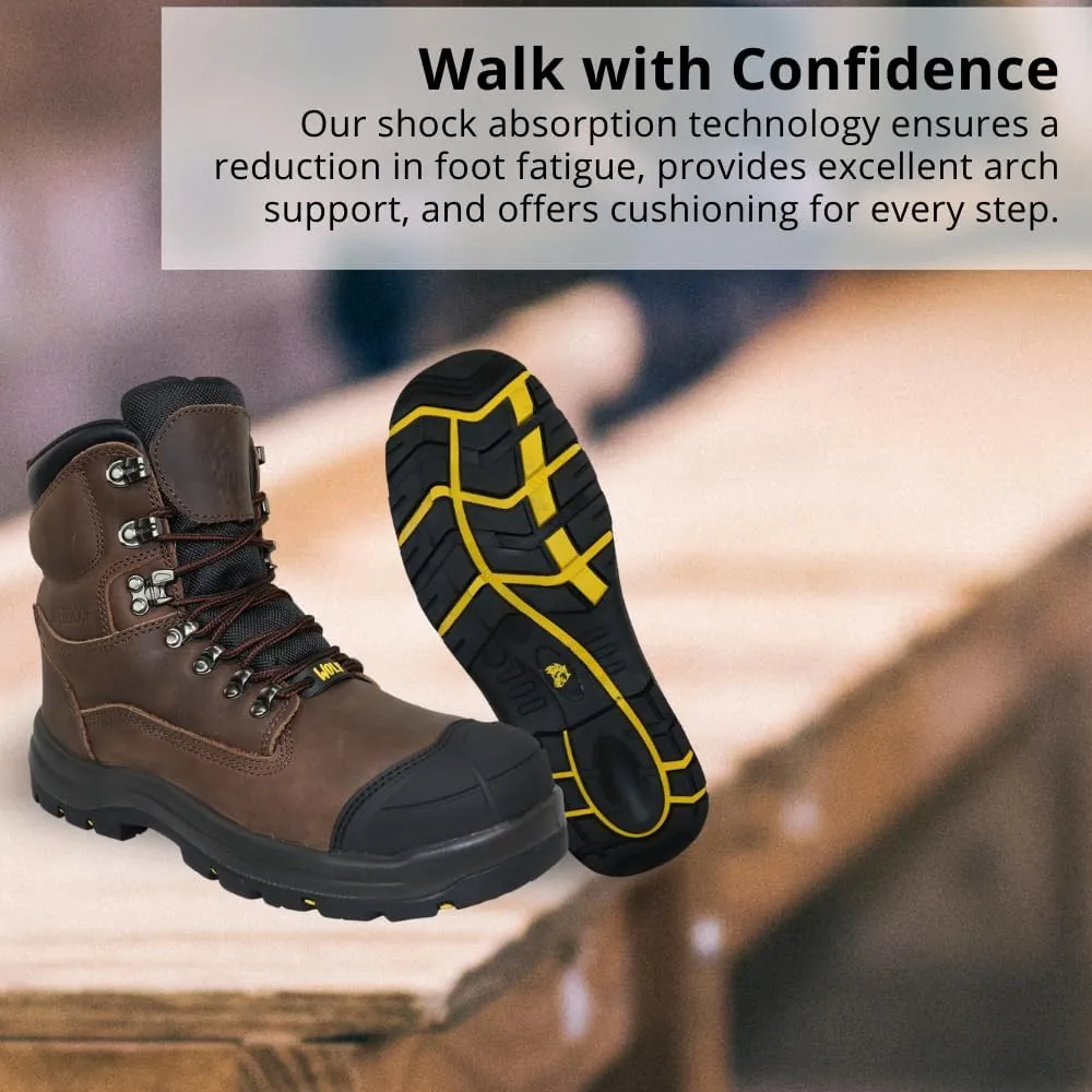 Wolf Work Boot | 100% Waterproof Genuine Upper Leather | Oil, Heat, Chemical, Abrasion Resistant | Electrical Hazards | Non-Slip Rubber Sole | Soft Toe | Padded Collar | Construction | Industrial PPE