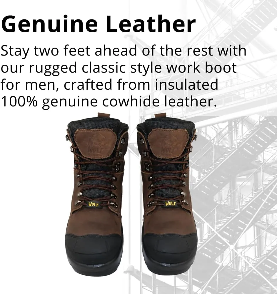 Wolf Work Boot | 100% Waterproof Genuine Upper Leather | Oil, Heat, Chemical, Abrasion Resistant | Electrical Hazards | Non-Slip Rubber Sole | Soft Toe | Padded Collar | Construction | Industrial PPE