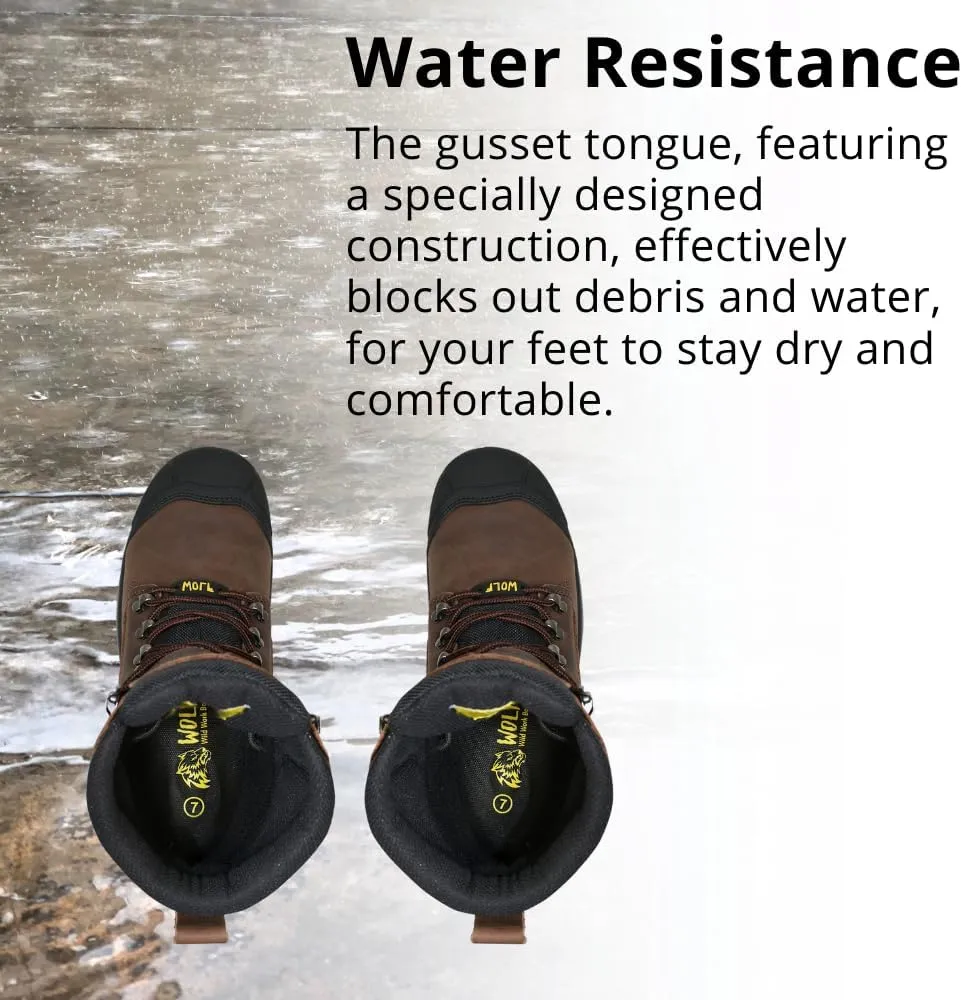 Wolf Work Boot | 100% Waterproof Genuine Upper Leather | Oil, Heat, Chemical, Abrasion Resistant | Electrical Hazards | Non-Slip Rubber Sole | Soft Toe | Padded Collar | Construction | Industrial PPE