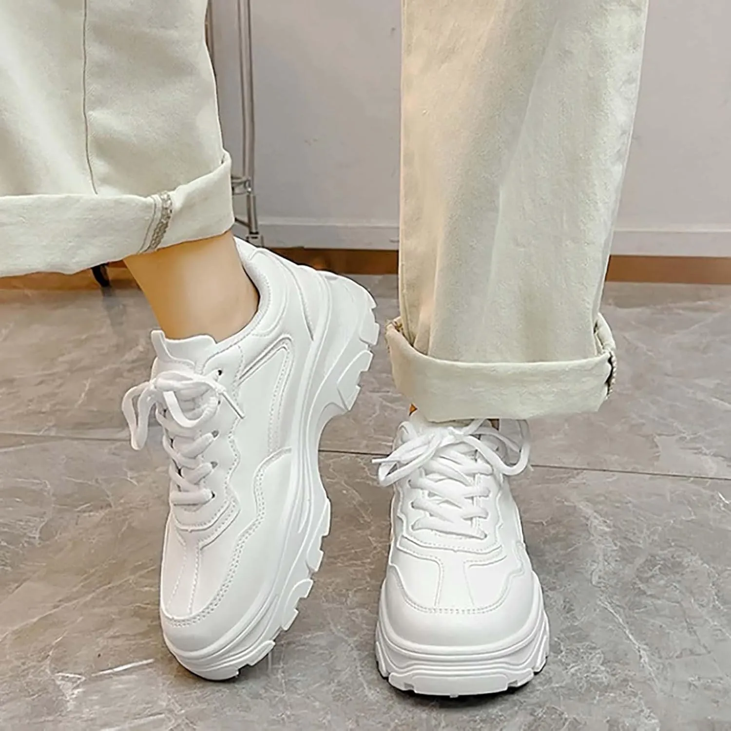 Women Chunky Platform Casual Lace-Up Walking Sneakers Fashion Leather Casual Wedge Walking Sport Dad Shoes