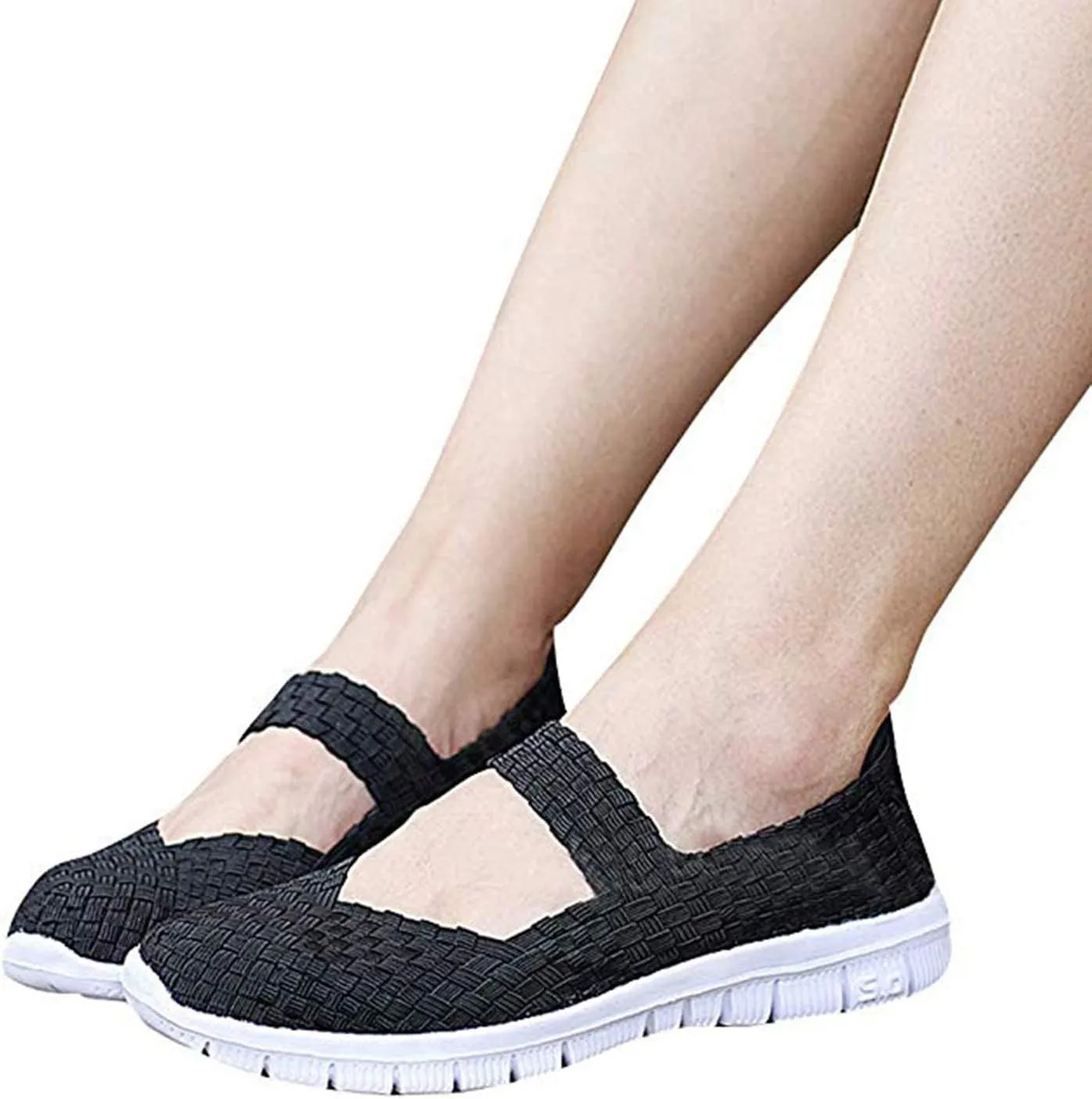 Women Elastic Woven Walking Shoes Flats Sandals,Comfy Casual Non Slip Lightweight Breathable Mary Jane Sneakers Nurse Shoes