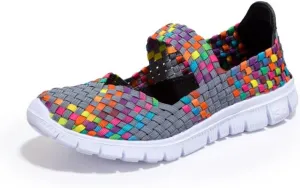 Women Elastic Woven Walking Shoes Flats Sandals,Comfy Casual Non Slip Lightweight Breathable Mary Jane Sneakers Nurse Shoes