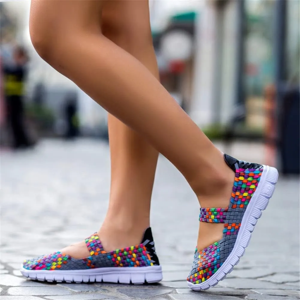 Women Elastic Woven Walking Shoes Flats Sandals,Comfy Casual Non Slip Lightweight Breathable Mary Jane Sneakers Nurse Shoes